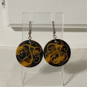 Round Tortoise Shell Monogram Dangle Drop Shepards Hook Earrings